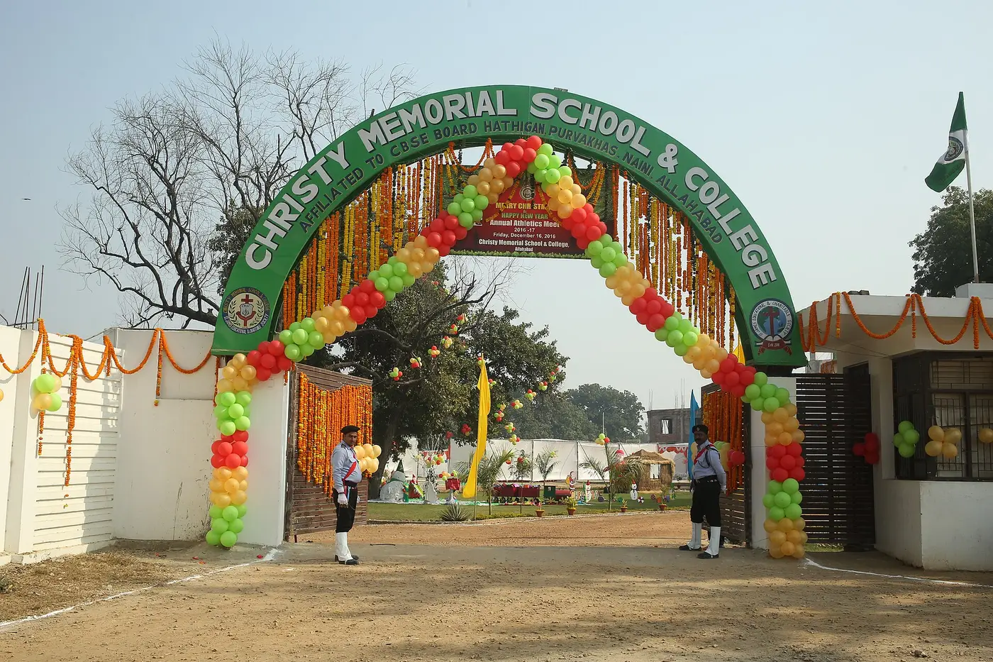 A decorated school entrance on a celebration day